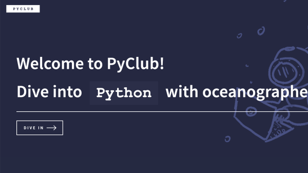 Image of PyClub's homepage, text reads "Welcome to PyClub!"