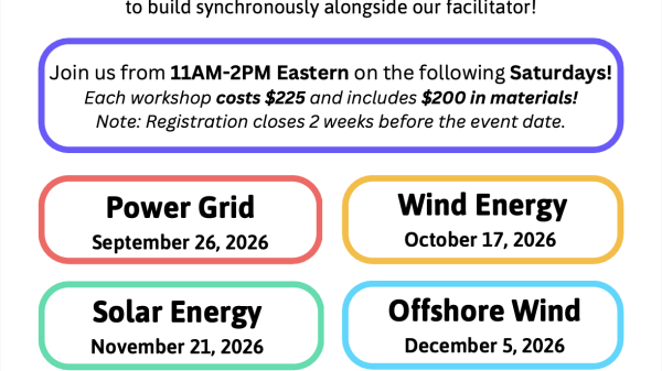 Virtual workshop information for workshop sessions hosted by the KidWind Project