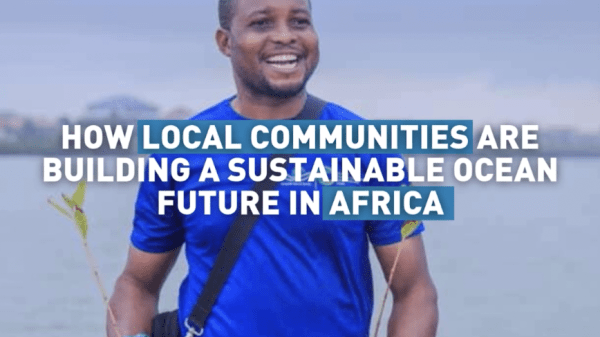 A man holder tree seedling in front of a body of water