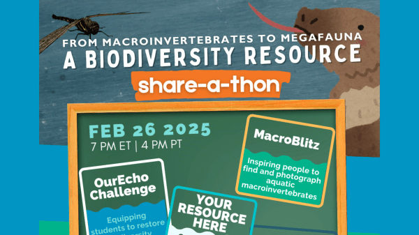 EarthEcho Virtual Biodiversity Share-a-Thon Flyer for a Biodiversity Share-a-Thon to be held on February 26 at 7 pm ET. A chalkboard contains topics such as "MarcoBlitz," "OurEcho Challenge," "Water Challenge," and "Instant Wild." The image encourages participants to bring their favorite biodiversity resources to share.
