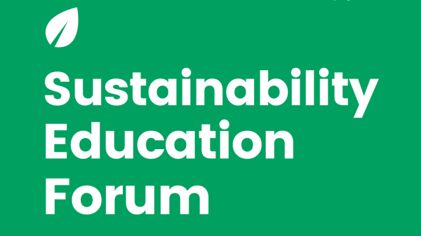 Green block with white text that reads Sustainability Education Forum. 
