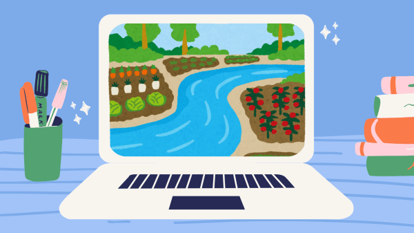 Free Spring Outdoor & Environmental Learning Virtual Workshops A cartoon blue desk with a green cup full of pens and pencils, a white laptop with a screen displaying a garden, and a stack of books