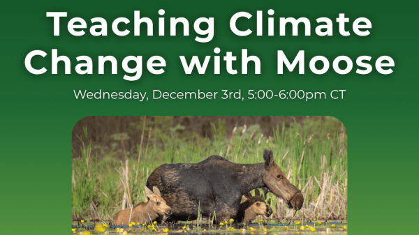 Climate Generation's December Teach Climate Workshop flyer, a moose with babies walks through a body of water