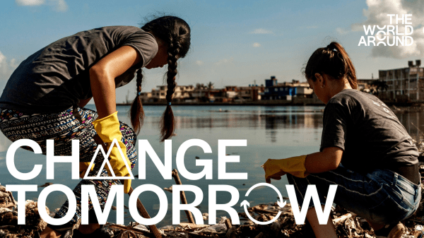 A banner showing two girls cleaning up a lake