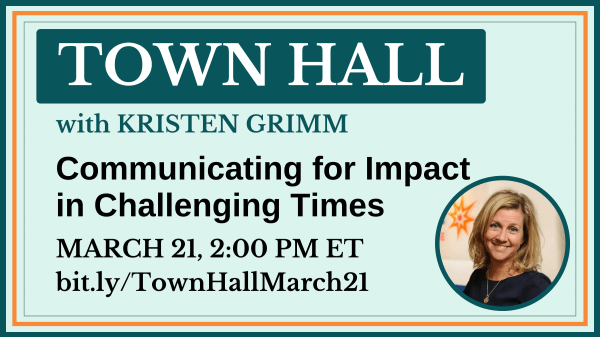 Kristin Grimm wears a black top and smiles in front of the Spitfire Strategies logo and next to the black and teal text, "Town Hall: Communicating for Impact in Challenging Times"