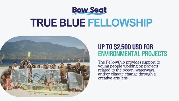 Poster for Bow Seat's True Blue Fellowship, features images of fellows on a beach, in a classroom, and outdoors with others
