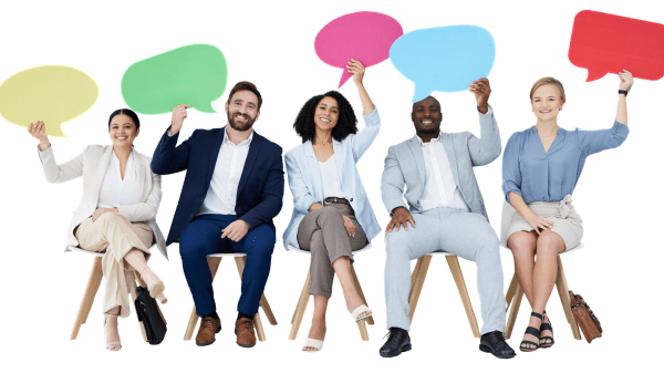 A collection of people holding up different colored speech bubbles against a white background