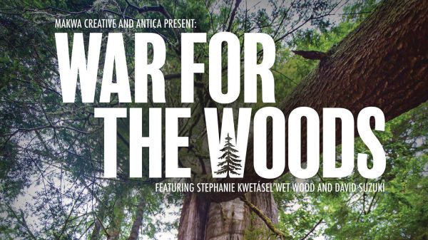 War for the Woods Text at top reads "War for the Woods"; a tall tree looms above two people below it