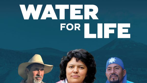 Water For Life A movie poster with a blue background and text reading "Water For Life"; beneath the text are bust photos of three people and below this reads "Fighting for Survival"