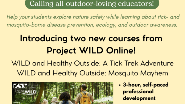 Flyer for Wild and Healthy Outside online courses, listing bonuses such as being self-paced, good for formal and non-formal educators, and granting access to exclusive Project WILD activities