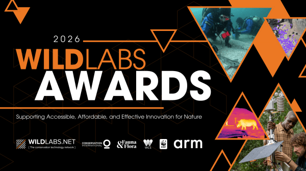 A banner announcing the 2026 WILDLABS Awards in a black background, to the right are images of conservation activities using technology