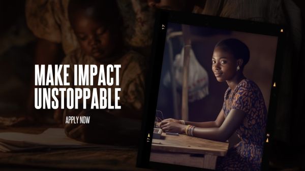 An image of a young girl working with a motherboard next to the text "Make Impact Unstoppable: Apply Now"