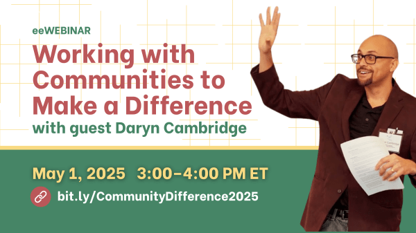 eeWEBINAR "Working with Communities to Make a Difference" with a cutout of speaker Daryn Cambridge presenting
