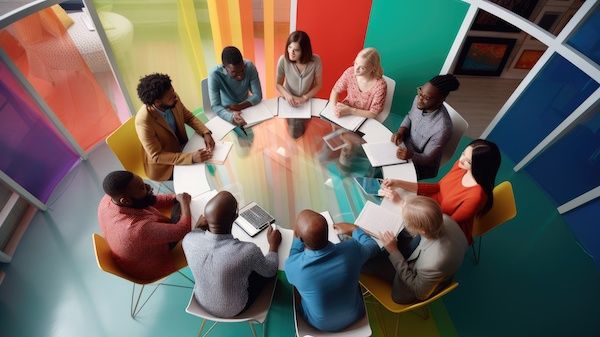 Image of people sitting around a round table in a workshop