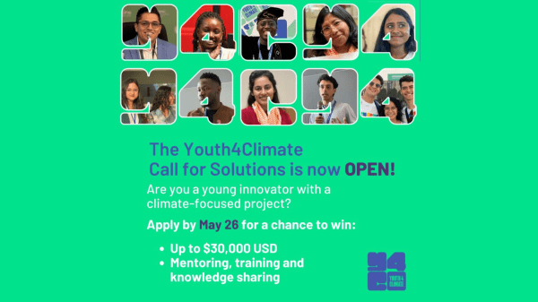 Youth4 Climate Call for Solutions A vibrant teal and white graphic announces the "Youth4Climate Call for Solutions is now OPEN!