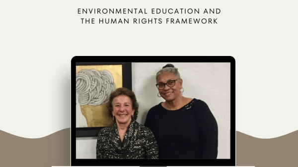 Square image with an open laptop computer in the center. Image of instructors shown on monitor.