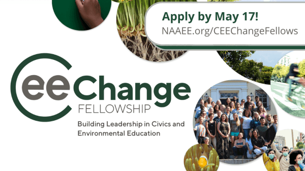 CEE-Change Promotional Graphic. Images of trees and bees and plants. Text reads: CEE-Change. Apply by May 17!