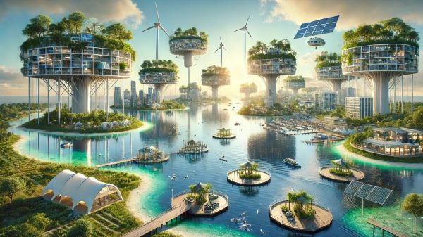 Climatopias 101: The Who, What, Where of Utopic Climate Adaptation Planning A futuristic utopic city is depicted, with solar panels, wind farms, and clear water.