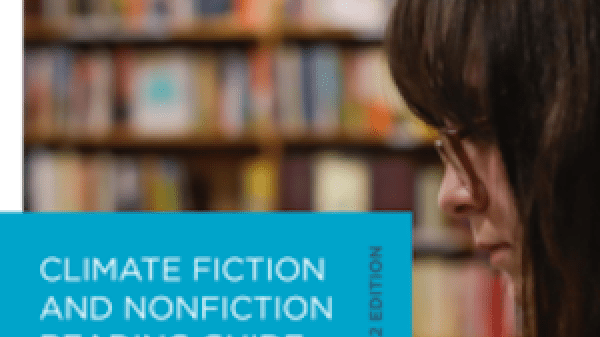 Cover of the Climate Generation reading guide with photo of a woman with glasses reading