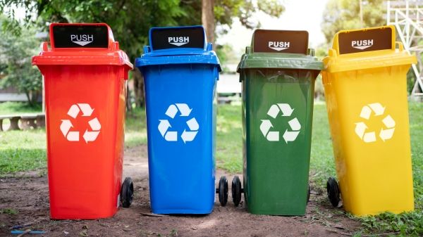 Four colorful recycling bins lined up in a green park area.