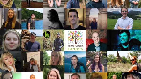 A collage of portraits with the Conservation Careers logo in the center