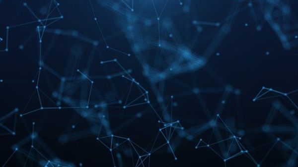 Illustration of a dark blue background filled with light blue dots connecting to form lines a polygons