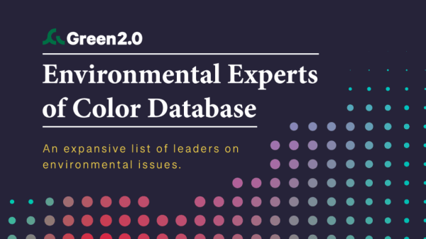 Promo graphic with a dark purple background and text that says, "Environmental Experts of Color Database"