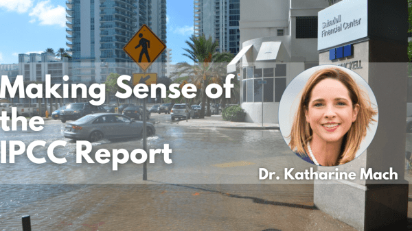 Background is a photo of a flooded downtown street with white text that says, "Making Sense of the IPCC Report" on the left and a profile photo on the right.