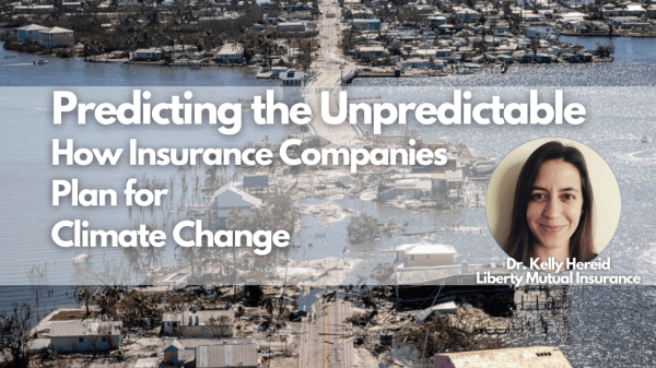 Photo of a flooded road with a semi-transparent overlay with white bold text that reads, "Predicting th Unpredictable. How Insurance Companies Plan for Climate Change"