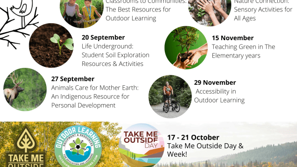 Fall Outdoor Learning Workshops Top two-thirds of graphic is a white background with illustrations on red and yellow leaves, a black outline of a bird on a branch, and six circle-framed photos of nature. The bottom of the graphic is a landscape photo of a group of people playing outside near a forest. Text is in the body of the post.