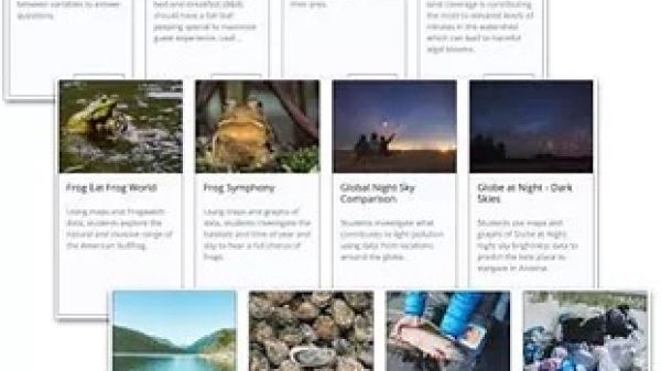 Three sets of four images with title and caption overlapping each other