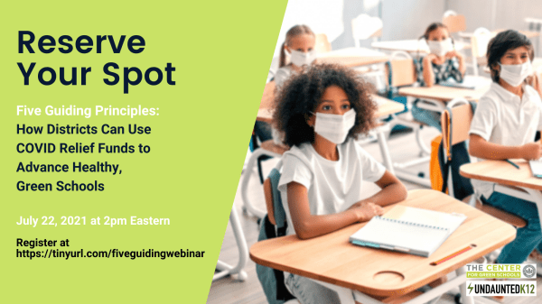 Graphic featuring students sitting at desks. They all wear masks. Notebooks lay open on the desks. 