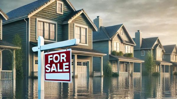Climate Change, Real Estate, and Adaptation A row of houses sits in deep water with a "For Sale" sign nearest the viewer