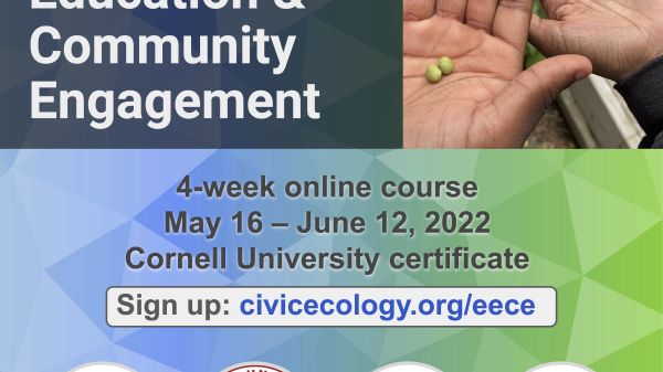 Graphic with white and dark gray text and a photo on the right of two hands holding a pair of green beans