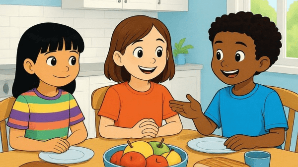 What's Really In Our Bread? From the farm to the table cover featuring three cartoon children sitting around a kitchen table