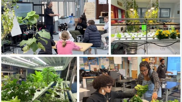 Photo grid of students in classroom lab setting surrounded by growing plants