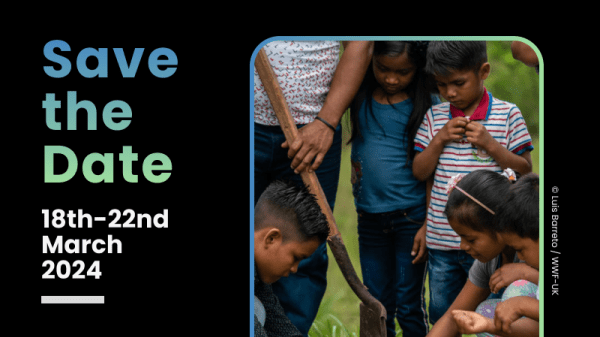 Earth Hour 2024 Save the Date An image of students planting a tree. Text reads: Save the date, 18th–22nd March 2024. Earth Hour webinars for educators, youth, and parents. #BiggestHourforEarth. WWF logo and 60 earth hour logo.