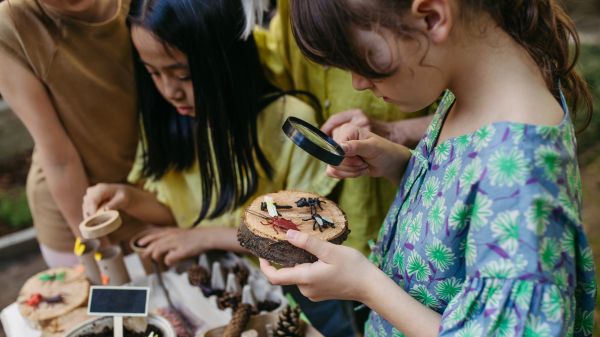Two children examine plastic toy insects with magnifying glasses