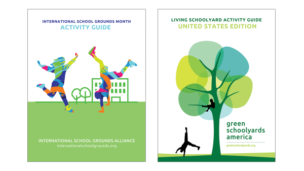 Activity Guide Cover Images Image of two book covers - International School Grounds Month Activity Guide, two colorful silhouettes of children playing, Living Schoolyard Activity Guide, a stylized tree with two silhouettes of children playing