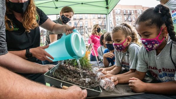 Kids at a table looking at an adult pour water from a pitcher onto some growing plants.