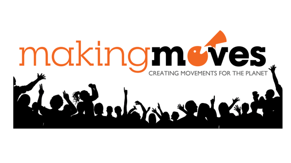 Silhouettes of group cheering with the Making Moves logo