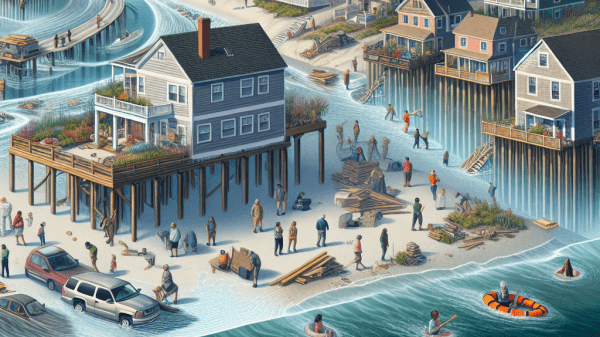 Climate Fiscal Risks: The U.S. Government Accountability Office’s Recommendations to Congress Art depicts a town partially in water; houses near the coast are up on stilts, cars are underwater, and people are walk about on the coast; in the back are smokestacks and a city skyline