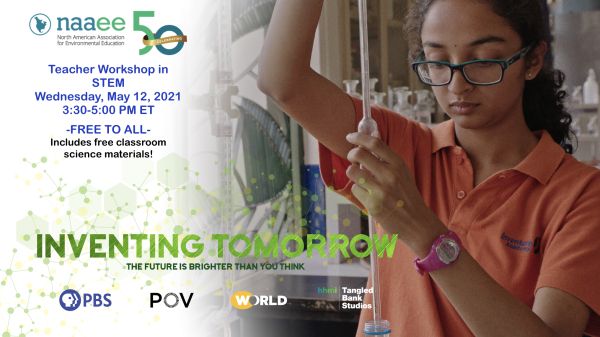A scientist, wearing an orange shirt and standing in a laboratory, watches carefully as she holds a glass pipette over water bottle. 