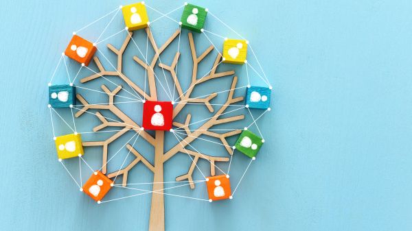 wooden tree with people icons over blue table, illustrating changemaker and ripple effect