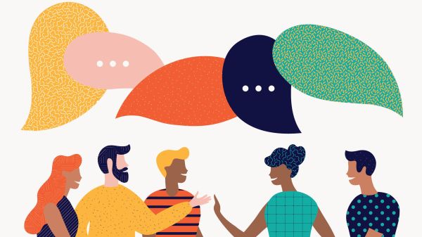 Colorful illustration of five people conversing with speech bubbles