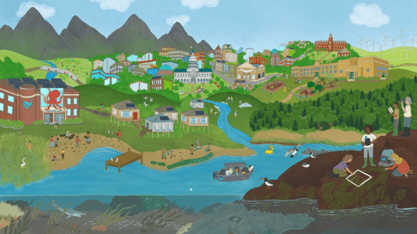 Painting of cityscape at base of mountains and near lake, people gardening, doing outdoor research, in boat, bright colors throughout