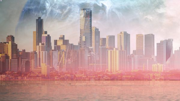 A dock reaches out into water; behind this is a city skyline and half a planet in the sky When the Oceans Rise, Who Gets A Life Raft?