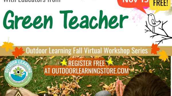 Graphic divided in two with the top half being a white background with text, included in the post, and the bottom half being a photo of two kids sitting on a grassy, leaf-covered ground