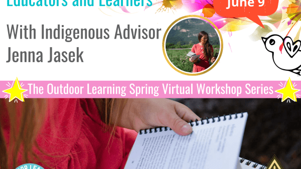 White background graphic. The bottom half is a photo of hands holding a notebook. Top half has text that says, "Indigenous Resources for Educators and Learners With Indigenous Advisor Jenna Jasek"