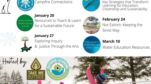 Flyer with white background and framed by snowflake and polar bear illustrations. Centered is text showing schedule line-up. Bottom half of flyer is a photo of children raising their hands outside in the snow.